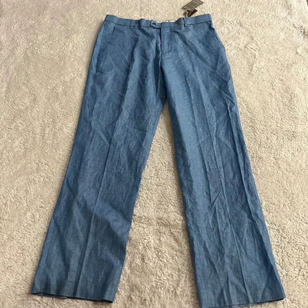Stacy Adams Mens Blue Linen Derby Trousers Pants 36x32 Preppy Resort Summer